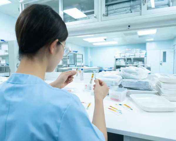 Clinical engineer reviewing sterilization indicators