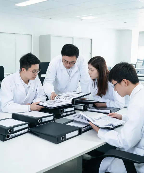Regulatory affairs team reviewing DHF binders